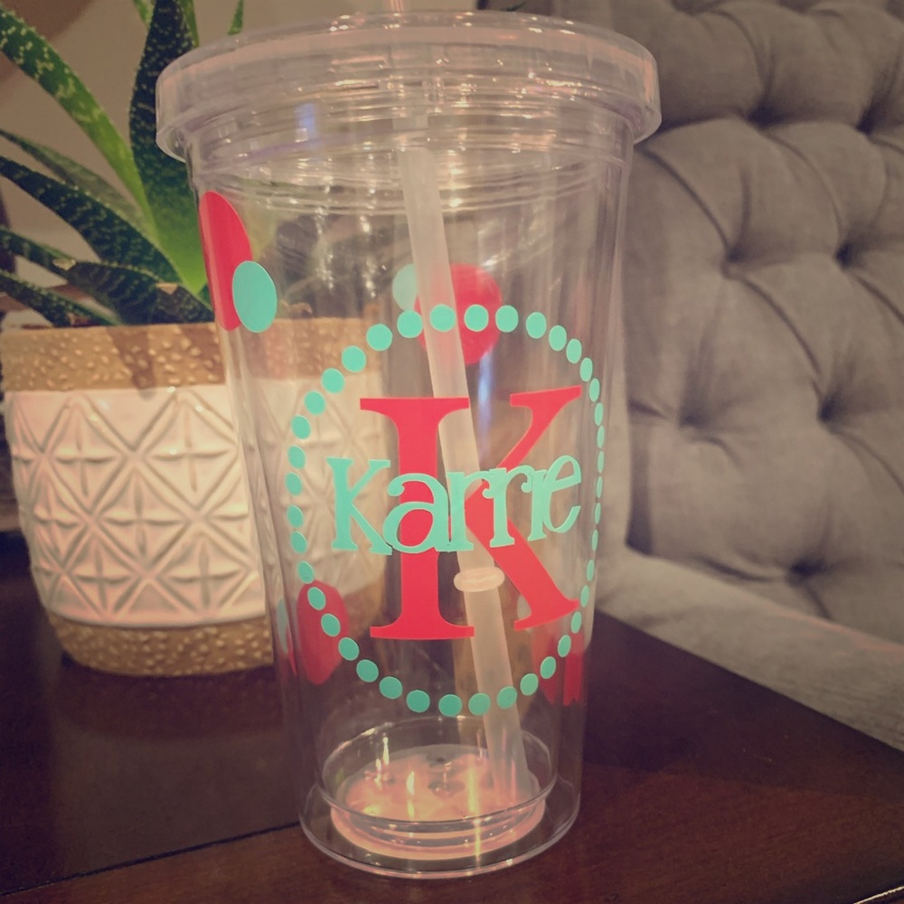 Personalized name and initial straw polka dot cup